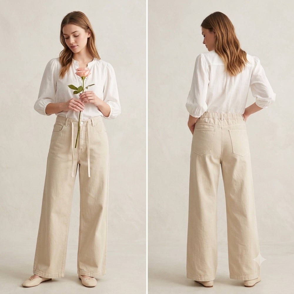 Scotch & Soda Women Sand Beige Wide Leg Garment Dyed Pants Cotton Lyocell Large